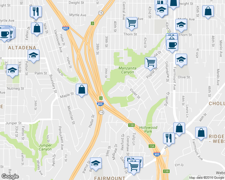 map of restaurants, bars, coffee shops, grocery stores, and more near 3940 Manzanita Drive in San Diego