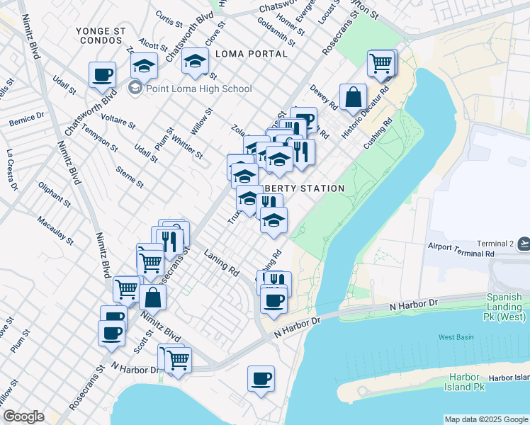 map of restaurants, bars, coffee shops, grocery stores, and more near 2855 Farragut Road in San Diego