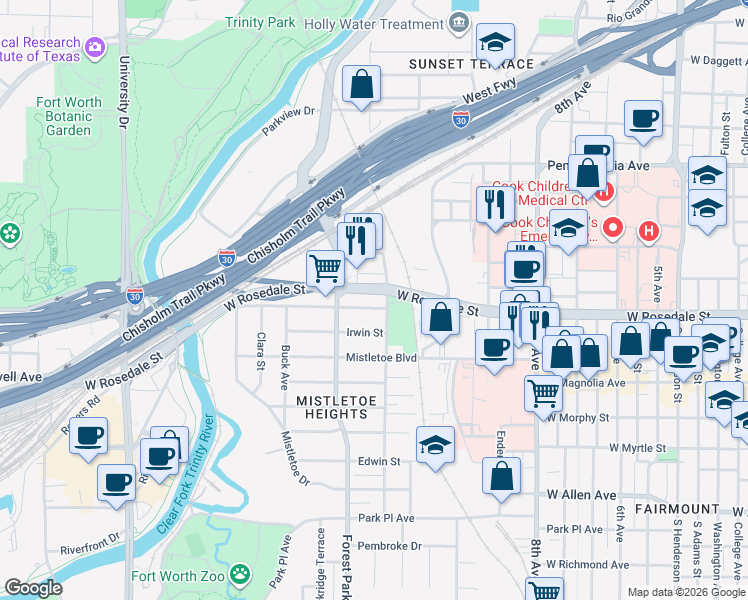 map of restaurants, bars, coffee shops, grocery stores, and more near in Fort Worth