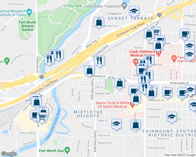 map of restaurants, bars, coffee shops, grocery stores, and more near 2229 West Rosedale Street in Fort Worth
