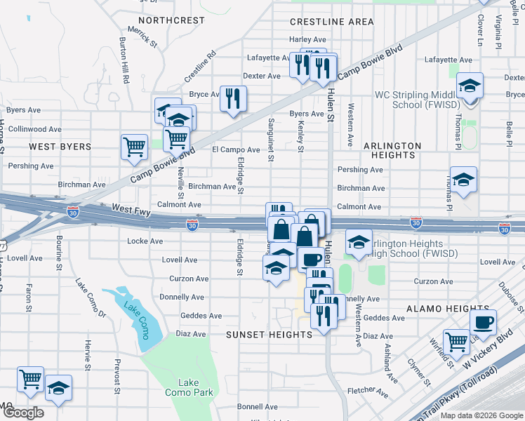 map of restaurants, bars, coffee shops, grocery stores, and more near 4809 Calmont Avenue in Fort Worth
