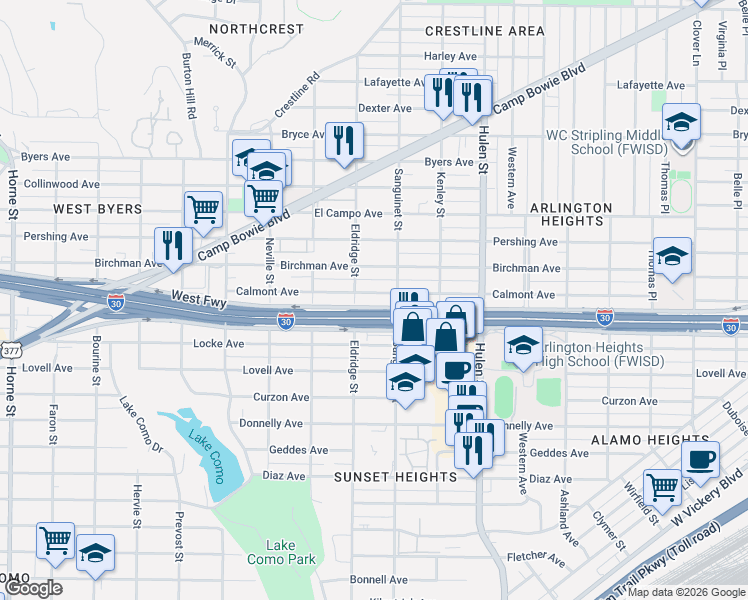 map of restaurants, bars, coffee shops, grocery stores, and more near 4809 Calmont Avenue in Fort Worth