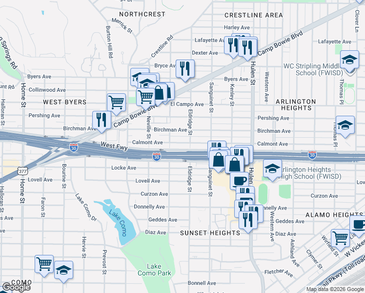 map of restaurants, bars, coffee shops, grocery stores, and more near 4900 West Freeway in Fort Worth
