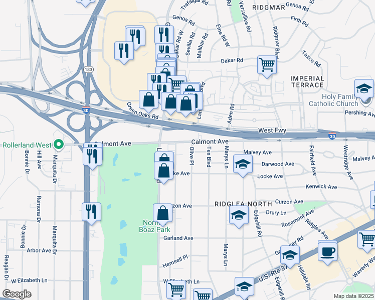 map of restaurants, bars, coffee shops, grocery stores, and more near 2903 Sappington Place in Fort Worth