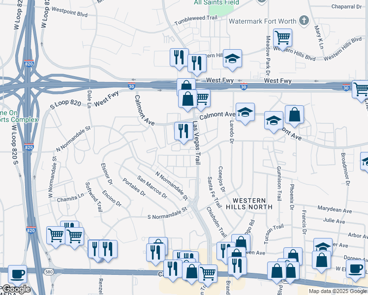 map of restaurants, bars, coffee shops, grocery stores, and more near 8624 Las Vegas Court in Fort Worth