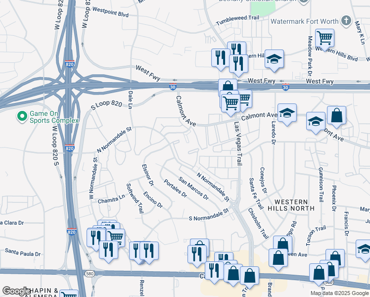 map of restaurants, bars, coffee shops, grocery stores, and more near 8950 North Normandale Street in Fort Worth