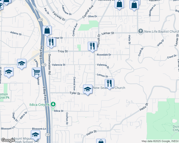 map of restaurants, bars, coffee shops, grocery stores, and more near 2560 Bancroft Drive in Spring Valley