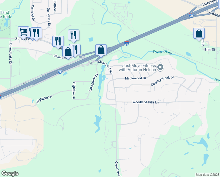 map of restaurants, bars, coffee shops, grocery stores, and more near 2205 Lake Country Drive in Weatherford