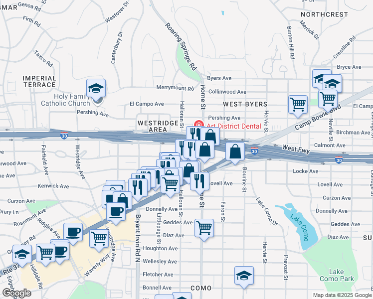 map of restaurants, bars, coffee shops, grocery stores, and more near 5805 Malvey Avenue in Fort Worth