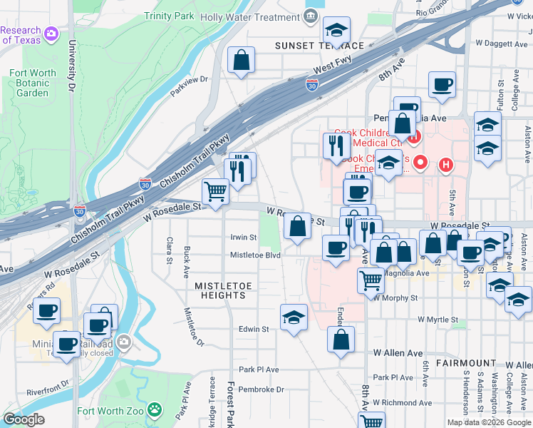 map of restaurants, bars, coffee shops, grocery stores, and more near 1105 Jerome Street in Fort Worth