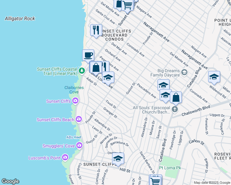 map of restaurants, bars, coffee shops, grocery stores, and more near 4563 Point Loma Avenue in San Diego