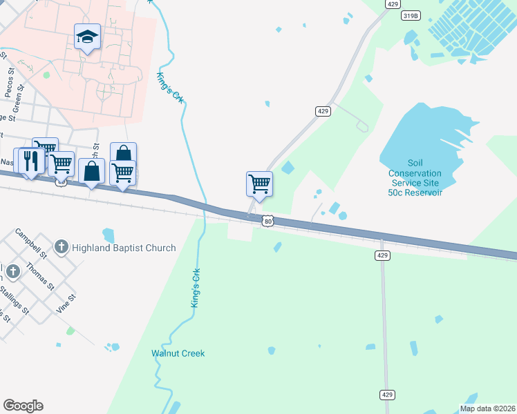 map of restaurants, bars, coffee shops, grocery stores, and more near 2501 U.S. 80 in Terrell