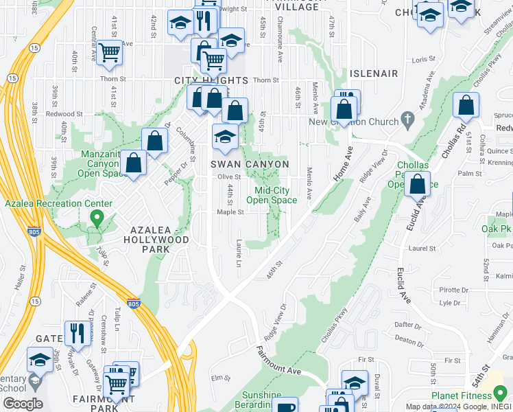 map of restaurants, bars, coffee shops, grocery stores, and more near 2617 Highland Avenue in San Diego