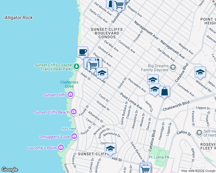 map of restaurants, bars, coffee shops, grocery stores, and more near 4563 Point Loma Avenue in San Diego