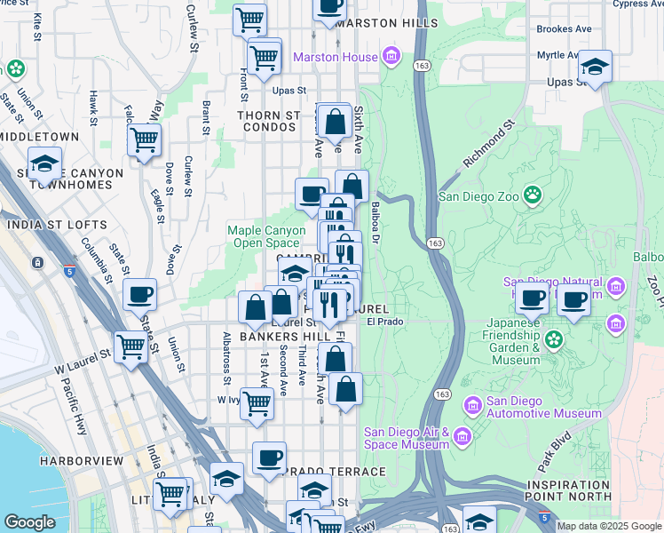 map of restaurants, bars, coffee shops, grocery stores, and more near 2642 Fifth Avenue in San Diego