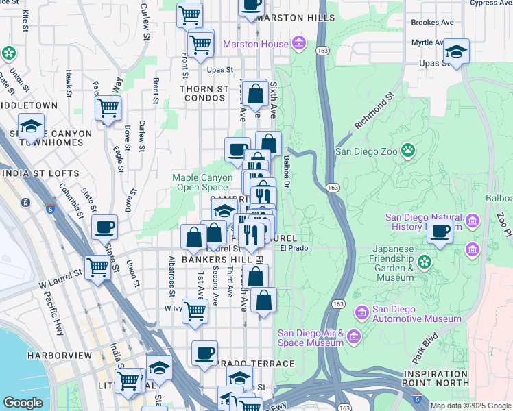 map of restaurants, bars, coffee shops, grocery stores, and more near 2642 Fifth Avenue in San Diego