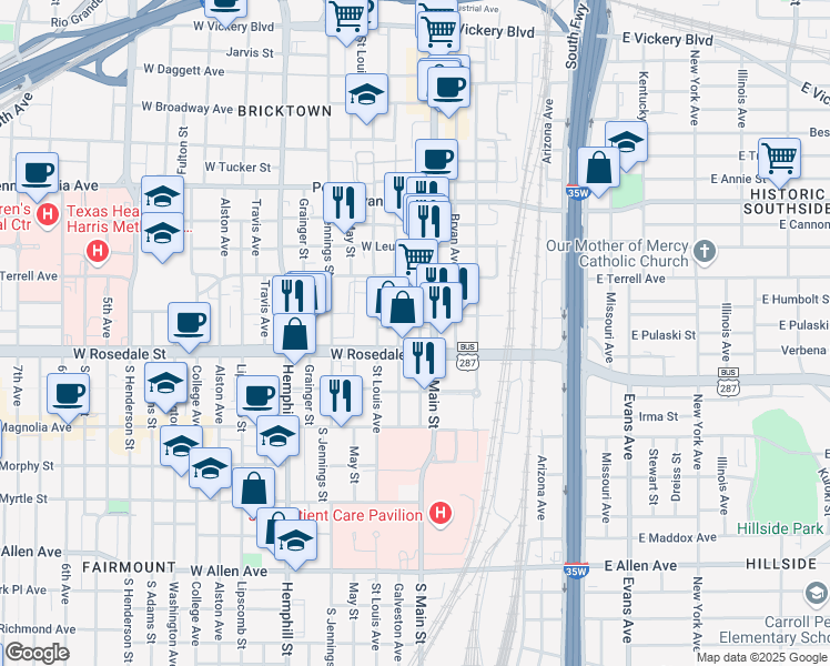 map of restaurants, bars, coffee shops, grocery stores, and more near 1085 South Main Street in Fort Worth