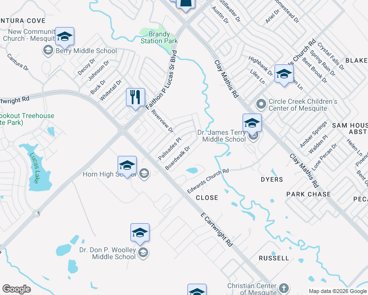 map of restaurants, bars, coffee shops, grocery stores, and more near 2501 Boardwalk Drive in Mesquite