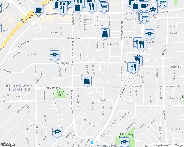 map of restaurants, bars, coffee shops, grocery stores, and more near 2528 Glebe Road in Lemon Grove