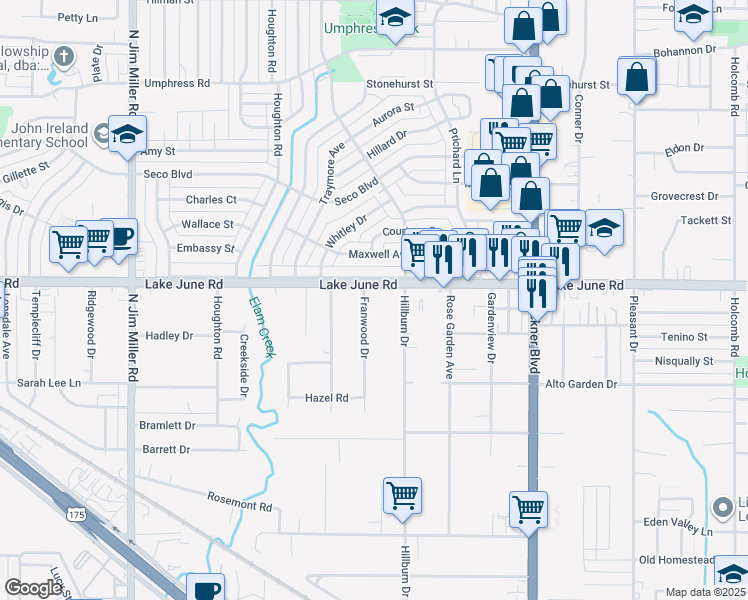 map of restaurants, bars, coffee shops, grocery stores, and more near 1230 Franwood Drive in Dallas
