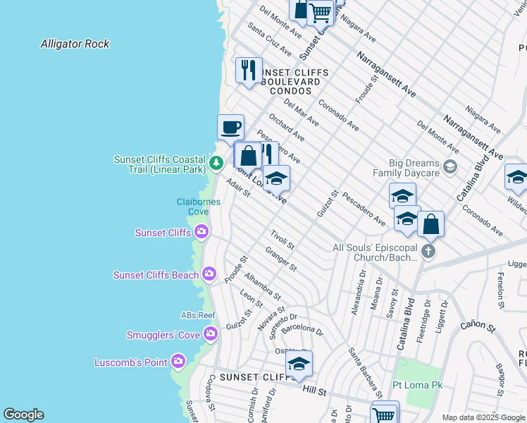 map of restaurants, bars, coffee shops, grocery stores, and more near 4625 Adair Street in San Diego