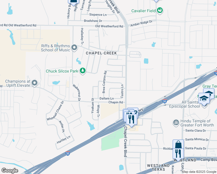 map of restaurants, bars, coffee shops, grocery stores, and more near 10248 Winkler Drive in Fort Worth