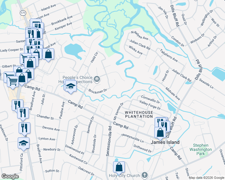 map of restaurants, bars, coffee shops, grocery stores, and more near 25 Brockman Drive in Charleston