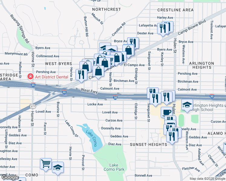 map of restaurants, bars, coffee shops, grocery stores, and more near 5033 Calmont Avenue in Fort Worth