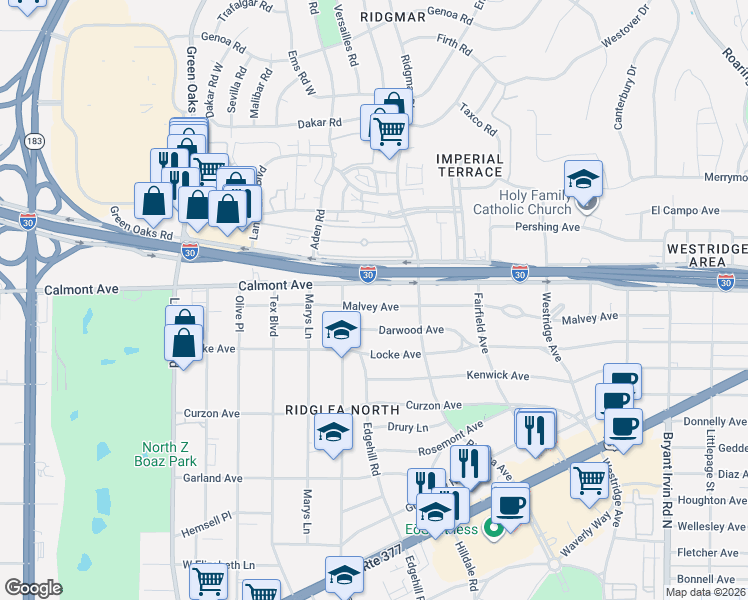 map of restaurants, bars, coffee shops, grocery stores, and more near 6444 Darwood Avenue in Fort Worth