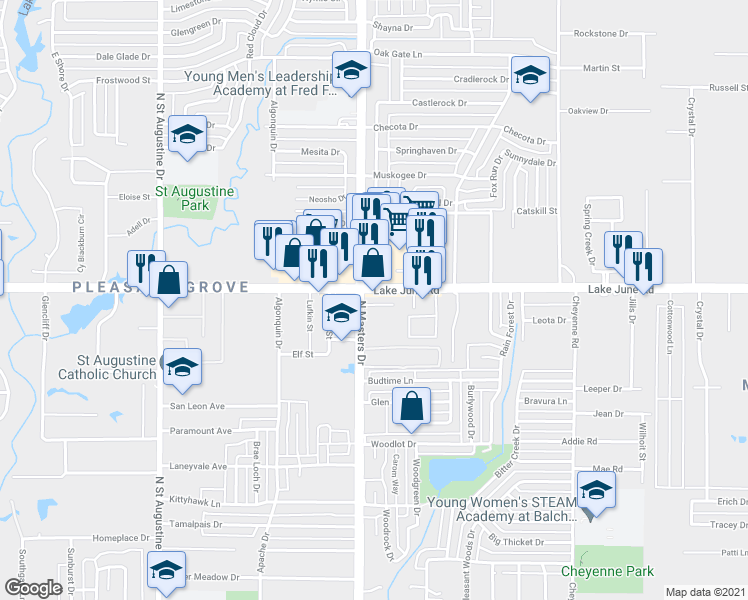 map of restaurants, bars, coffee shops, grocery stores, and more near 1280 North Masters Drive in Dallas