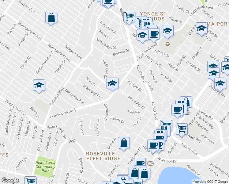 map of restaurants, bars, coffee shops, grocery stores, and more near 1775 Chatsworth Boulevard in San Diego
