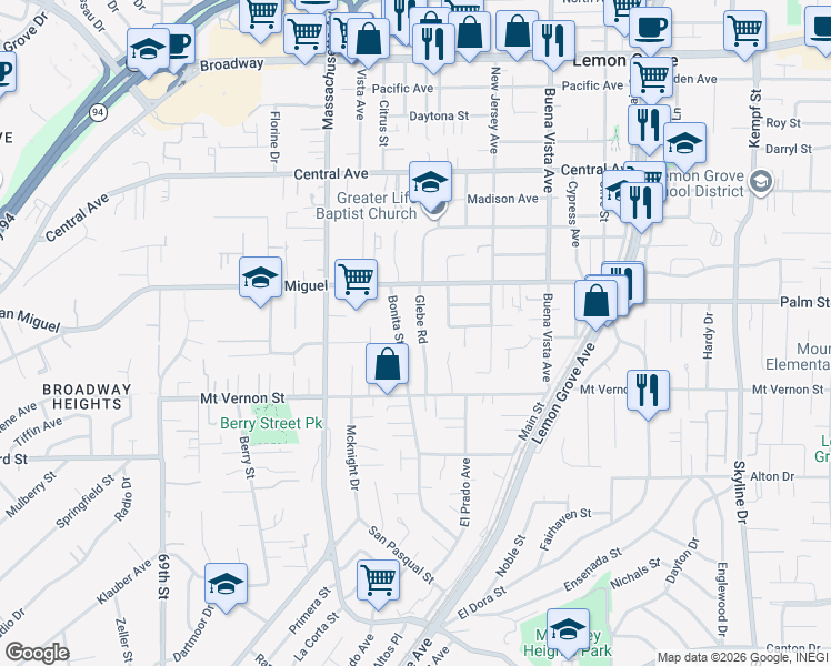 map of restaurants, bars, coffee shops, grocery stores, and more near 2505 Glebe Road in Lemon Grove