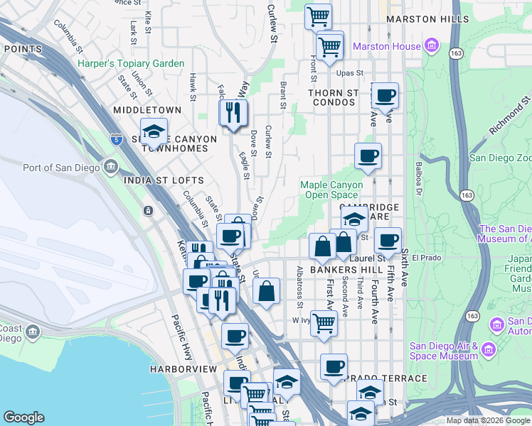 map of restaurants, bars, coffee shops, grocery stores, and more near 2645 North Arroyo Drive in San Diego