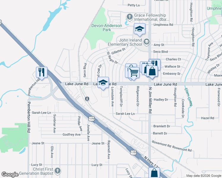 map of restaurants, bars, coffee shops, grocery stores, and more near 6610 Lake June Road in Dallas