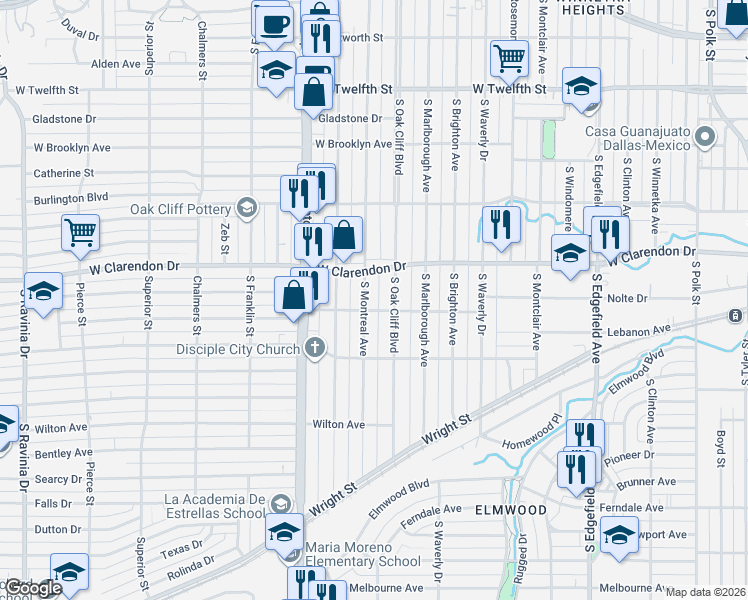 map of restaurants, bars, coffee shops, grocery stores, and more near 1211 South Oak Cliff Boulevard in Dallas