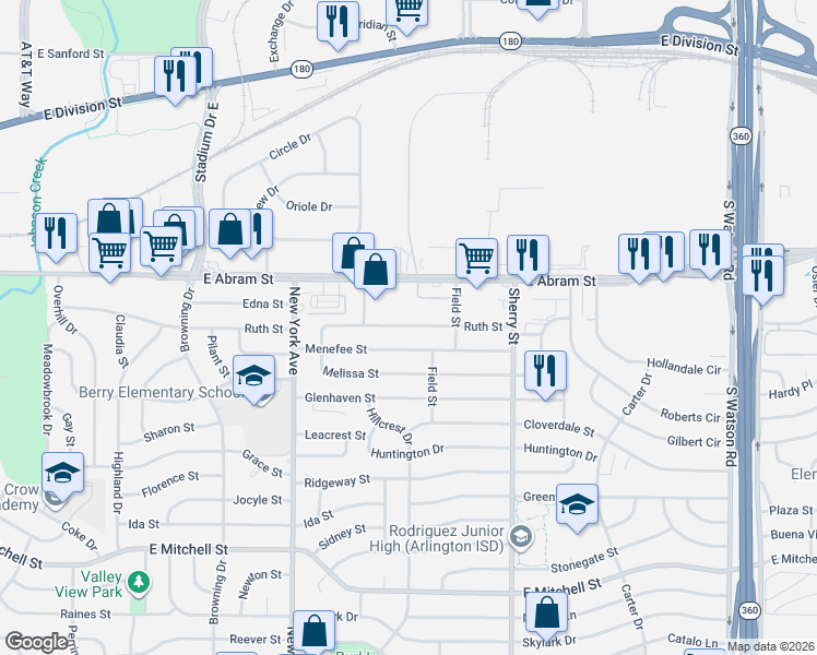 map of restaurants, bars, coffee shops, grocery stores, and more near 2017 Menefee Street in Arlington