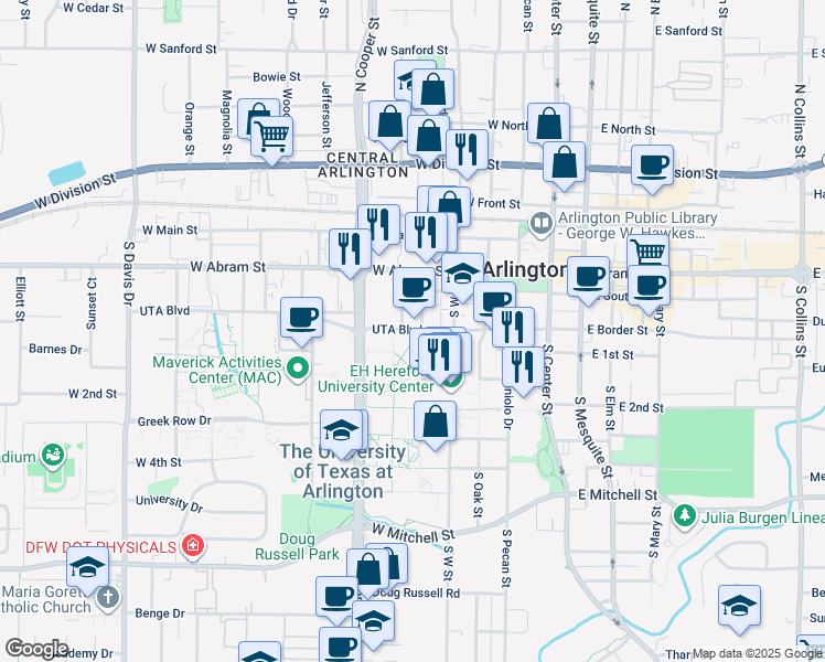 map of restaurants, bars, coffee shops, grocery stores, and more near in Arlington