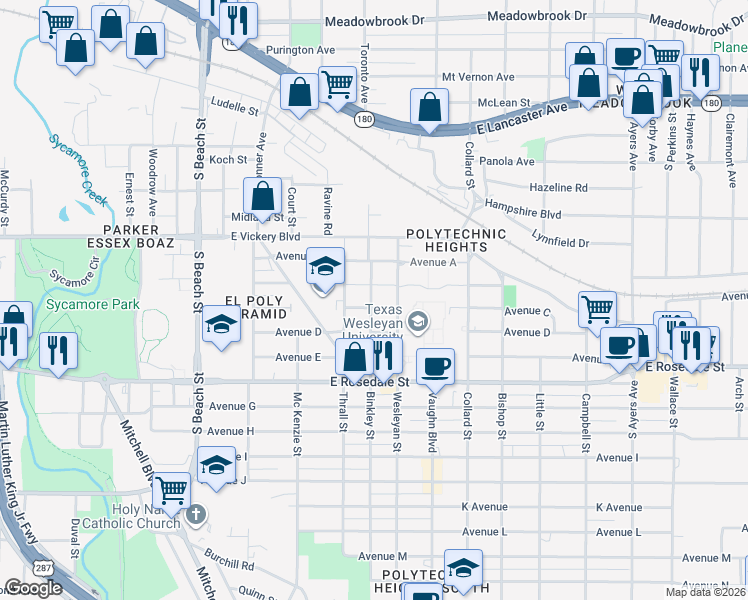 map of restaurants, bars, coffee shops, grocery stores, and more near 2920 Avenue C in Fort Worth