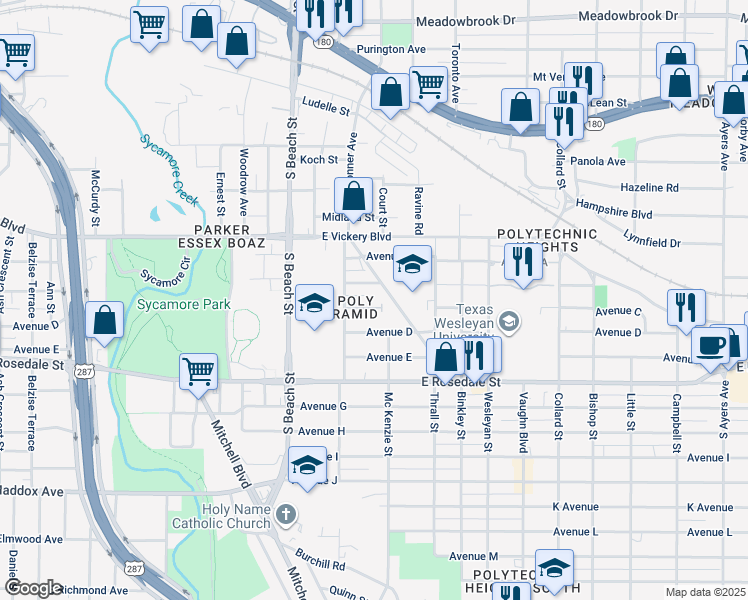 map of restaurants, bars, coffee shops, grocery stores, and more near 2000 McKenzie Street in Fort Worth