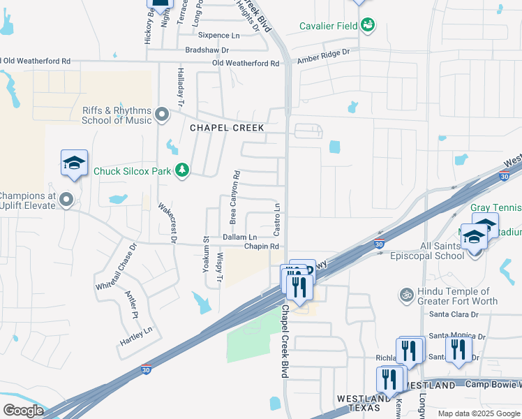 map of restaurants, bars, coffee shops, grocery stores, and more near 2737 Cochran Way in Fort Worth