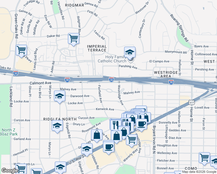 map of restaurants, bars, coffee shops, grocery stores, and more near 6228 Malvey Avenue in Fort Worth