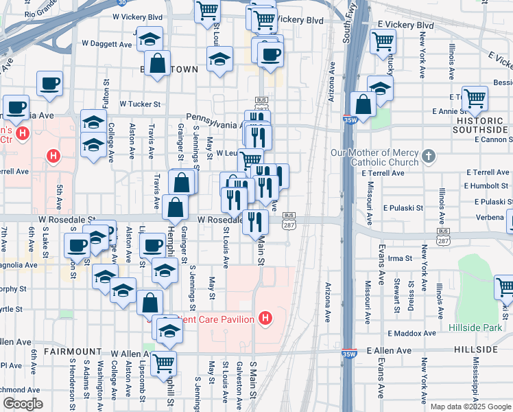 map of restaurants, bars, coffee shops, grocery stores, and more near 1085 South Main Street in Fort Worth
