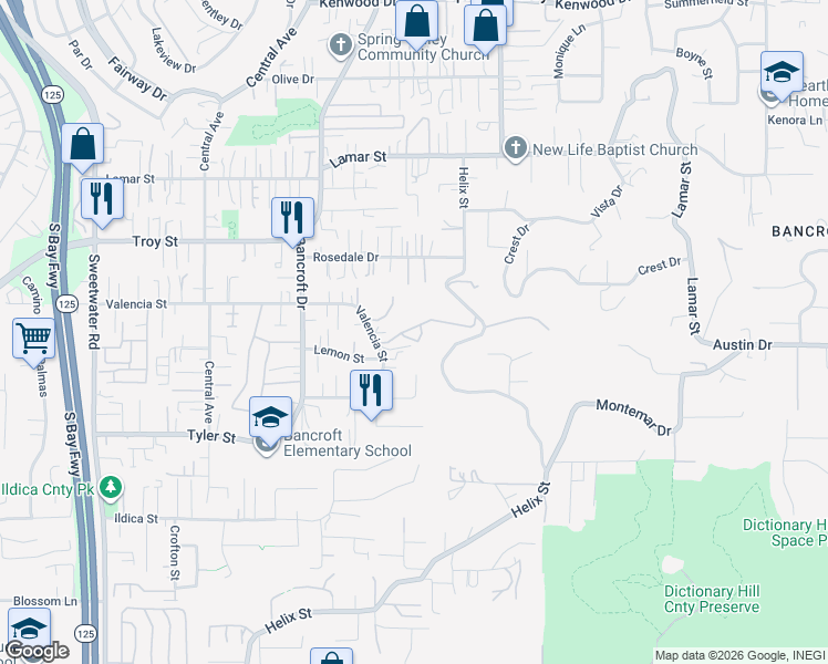 map of restaurants, bars, coffee shops, grocery stores, and more near 2740 Helix Street in Spring Valley