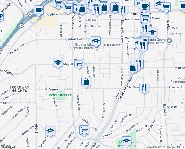 map of restaurants, bars, coffee shops, grocery stores, and more near 2505 Glebe Road in Lemon Grove