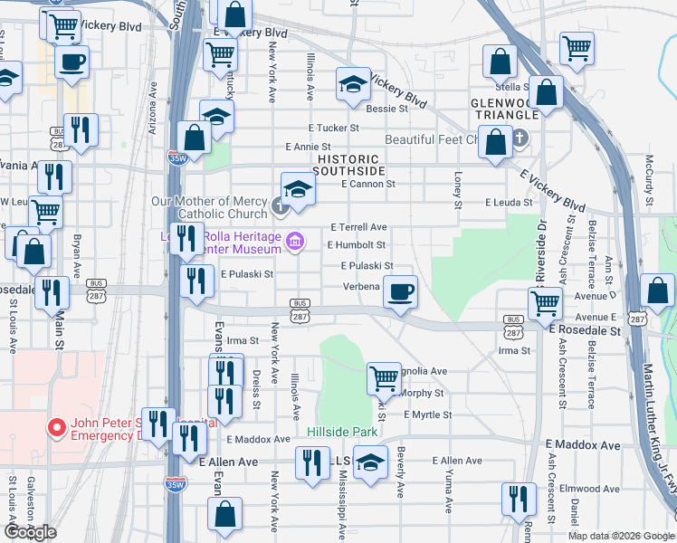 map of restaurants, bars, coffee shops, grocery stores, and more near 1116 East Pulaski Street in Fort Worth