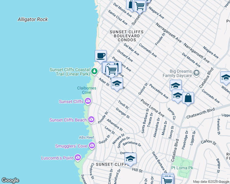 map of restaurants, bars, coffee shops, grocery stores, and more near 4625 Adair Street in San Diego