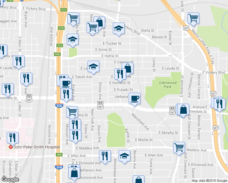 map of restaurants, bars, coffee shops, grocery stores, and more near 1116 East Pulaski Street in Fort Worth
