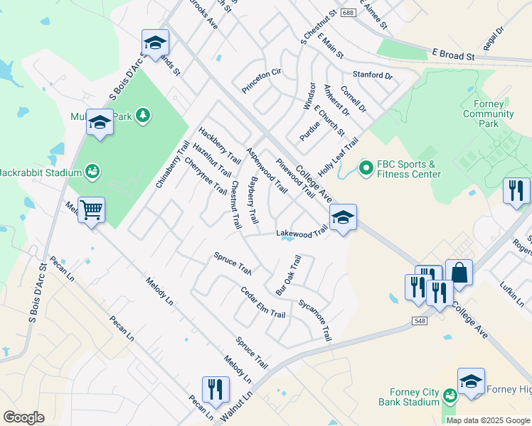 map of restaurants, bars, coffee shops, grocery stores, and more near 320 Cherrywood Trail in Forney