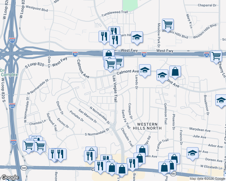 map of restaurants, bars, coffee shops, grocery stores, and more near 2862 Las Vegas Trail in Fort Worth