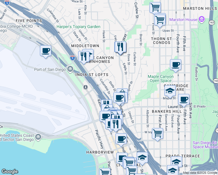 map of restaurants, bars, coffee shops, grocery stores, and more near 2715 Columbia Street in San Diego